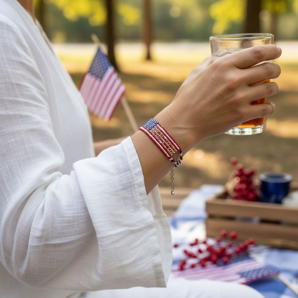 Person wearing USA 250th Anniversary Beaded Bracelet By Alexa Martha while holding a drink, with mini American flags in the background.