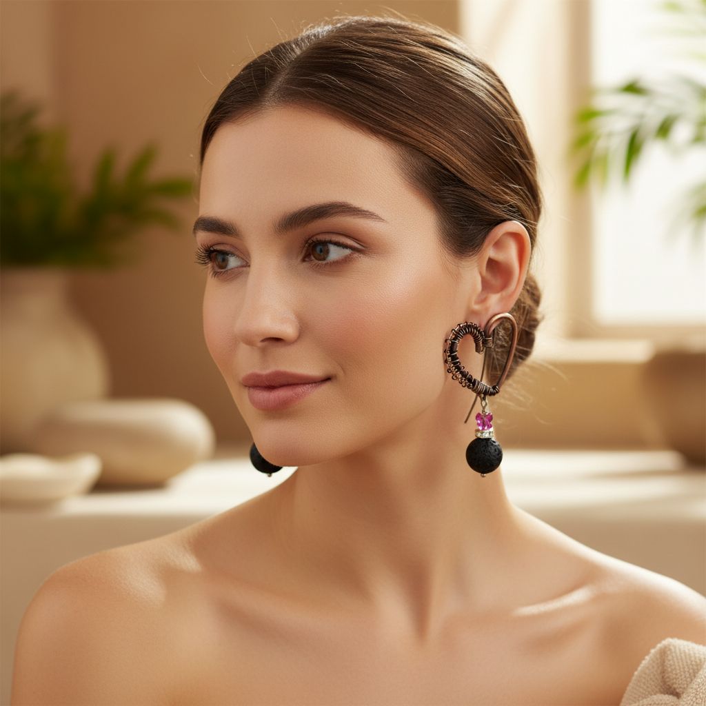Copper Sculpted Heart Hoop Crystal Butterfly Lava Rock Earrings worn by a model showcasing unique jewelry design.