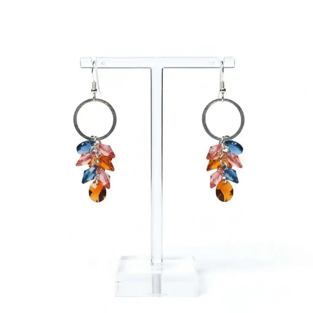 Silver Circle Multi Color Crystal Drop Dangle Earrings featuring vibrant Swarovski crystals on sterling silver hoops.