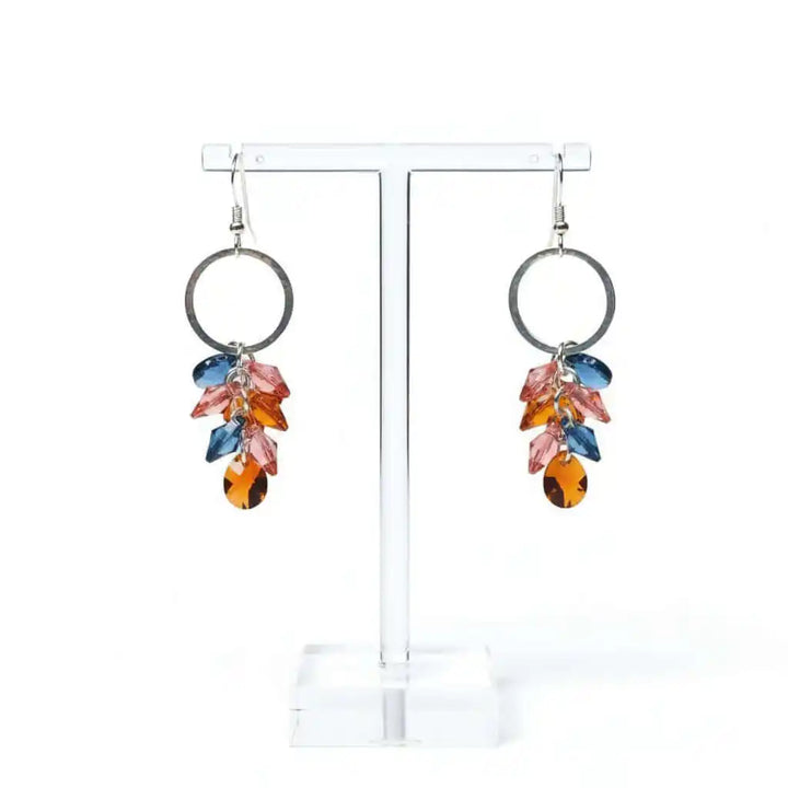 Silver Circle Multi Color Crystal Drop Dangle Earrings featuring vibrant Swarovski crystals on sterling silver hoops.