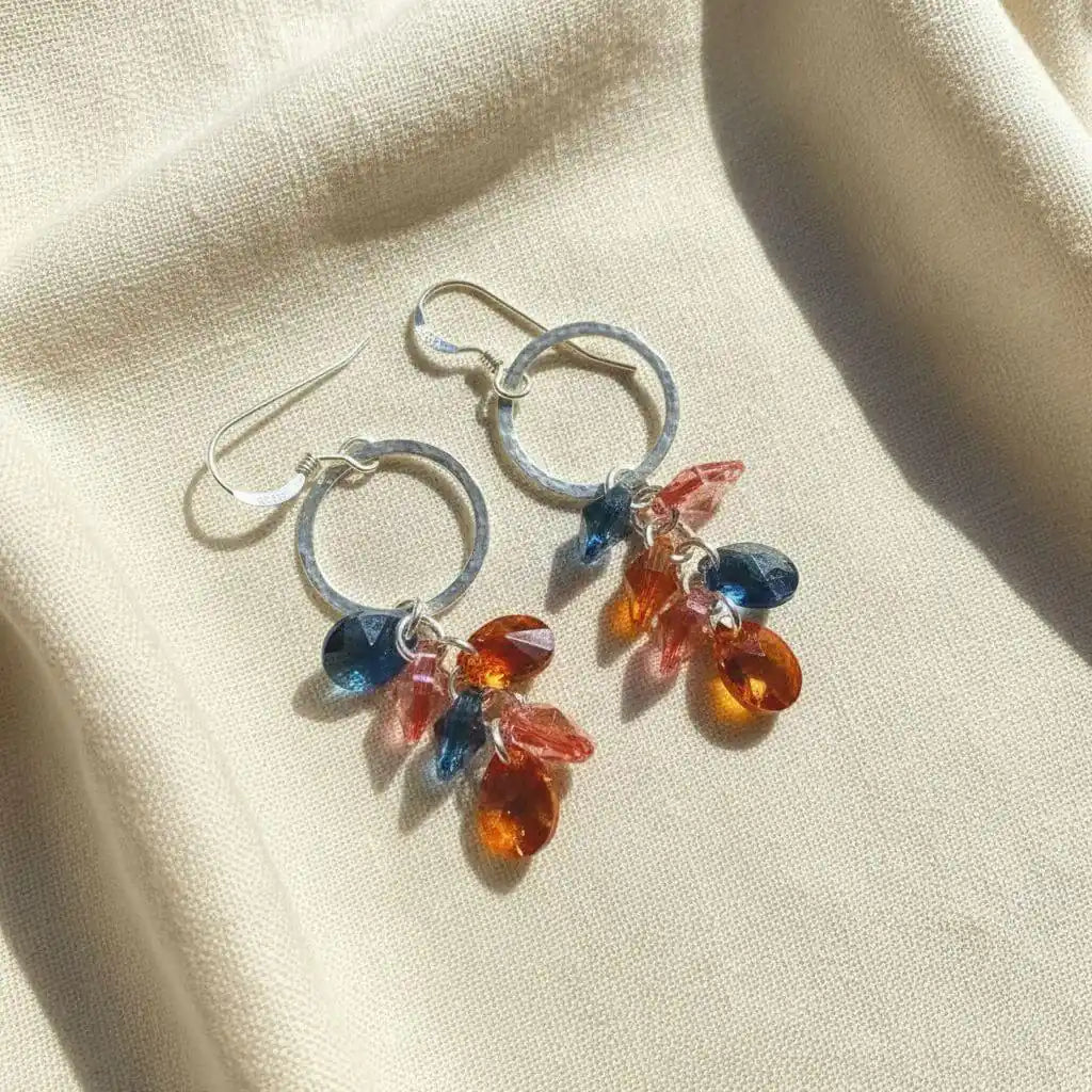 Silver Circle Multi Color Crystal Drop Dangle Earrings featuring vibrant crystals on hammered silver circles.