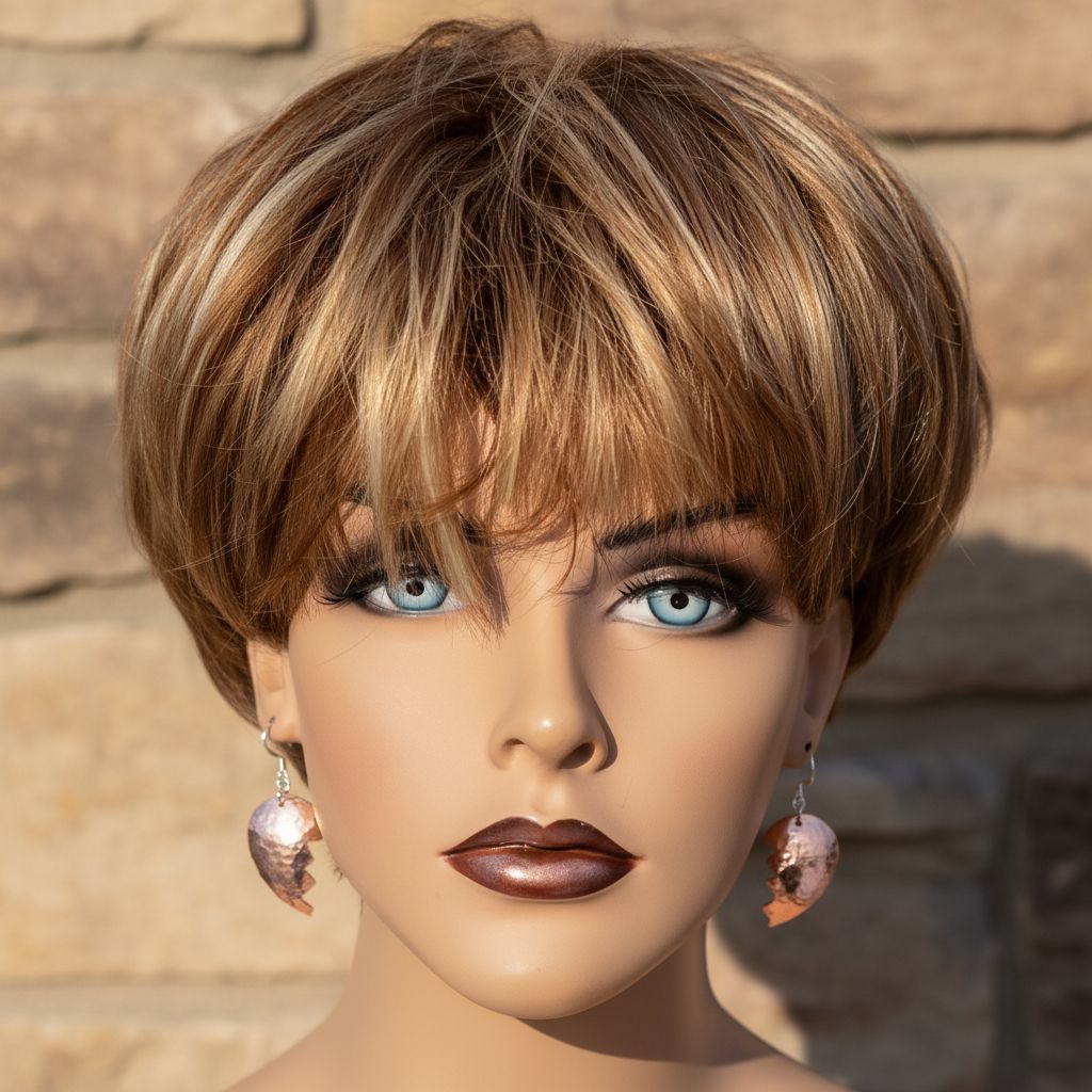 Handmade Sculpted Copper Broken Heart Earrings worn by a mannequin with a stylish haircut and makeup.