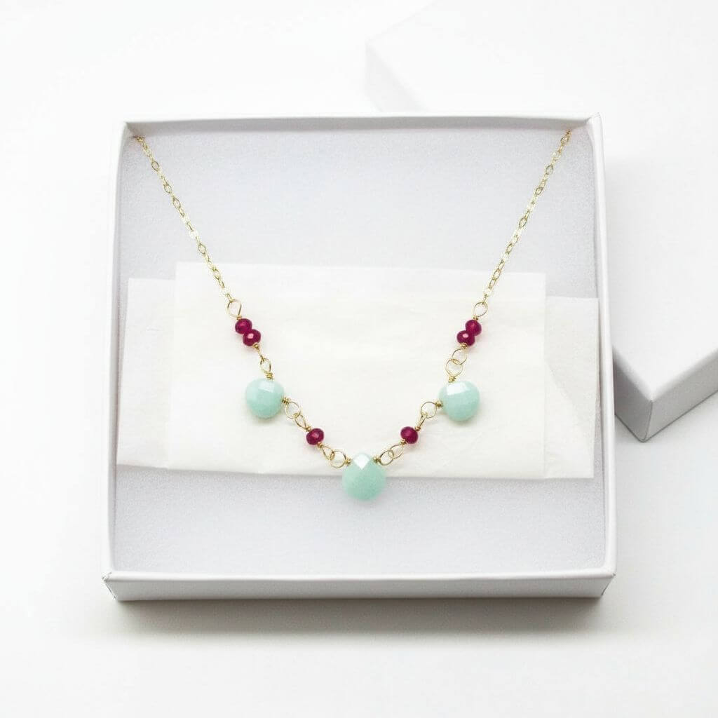 Dainty Gold Chain Mint and Hot Pink Gemstone Necklace