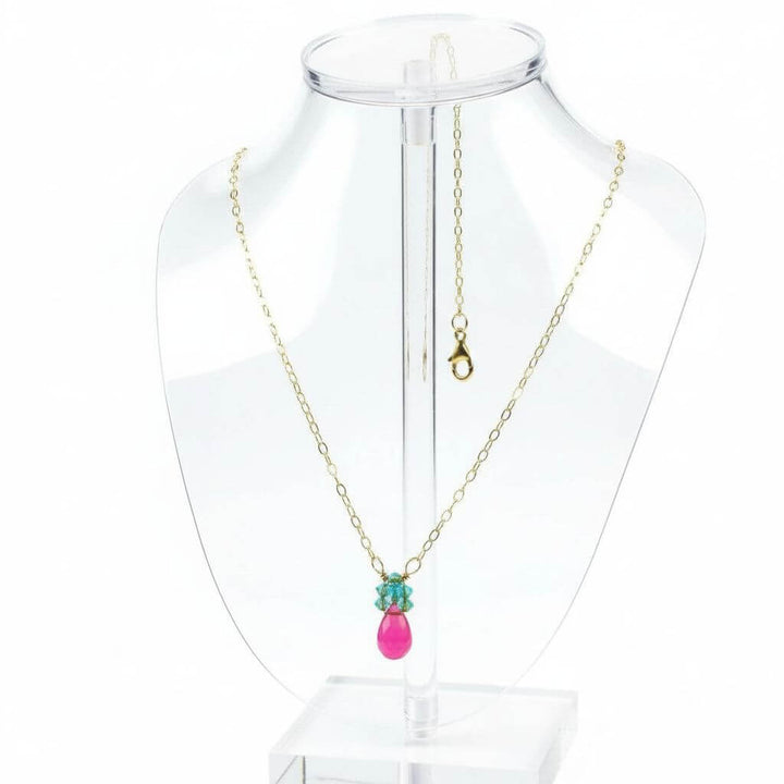Pink Gemstone Drop and Turquoise Crystal 14 K Gold Filled Necklace