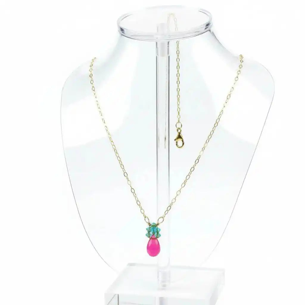 Gold Filled Pink and Aqua Gemstone Crystal Chain Necklace showcased on a display bust with vibrant gemstones.
