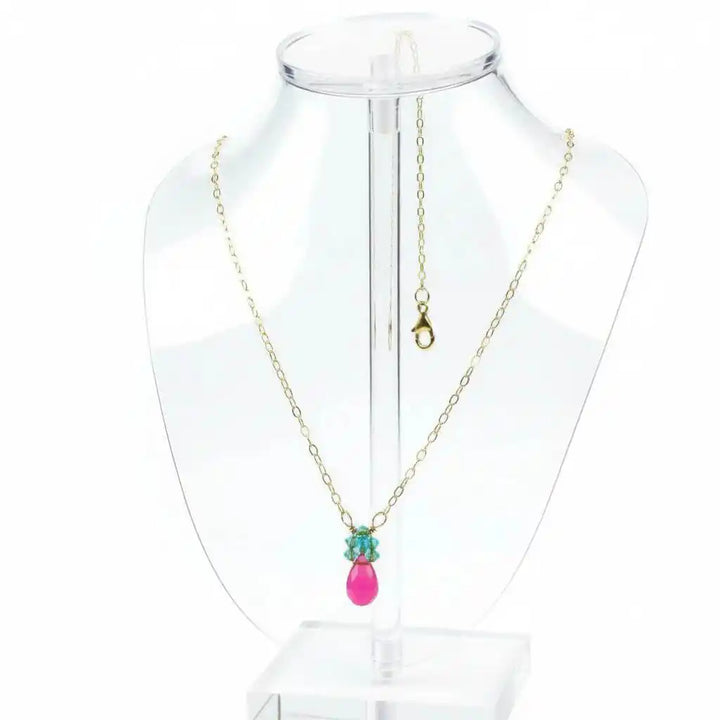 Gold Filled Pink and Aqua Gemstone Crystal Chain Necklace showcased on a display bust with vibrant gemstones.