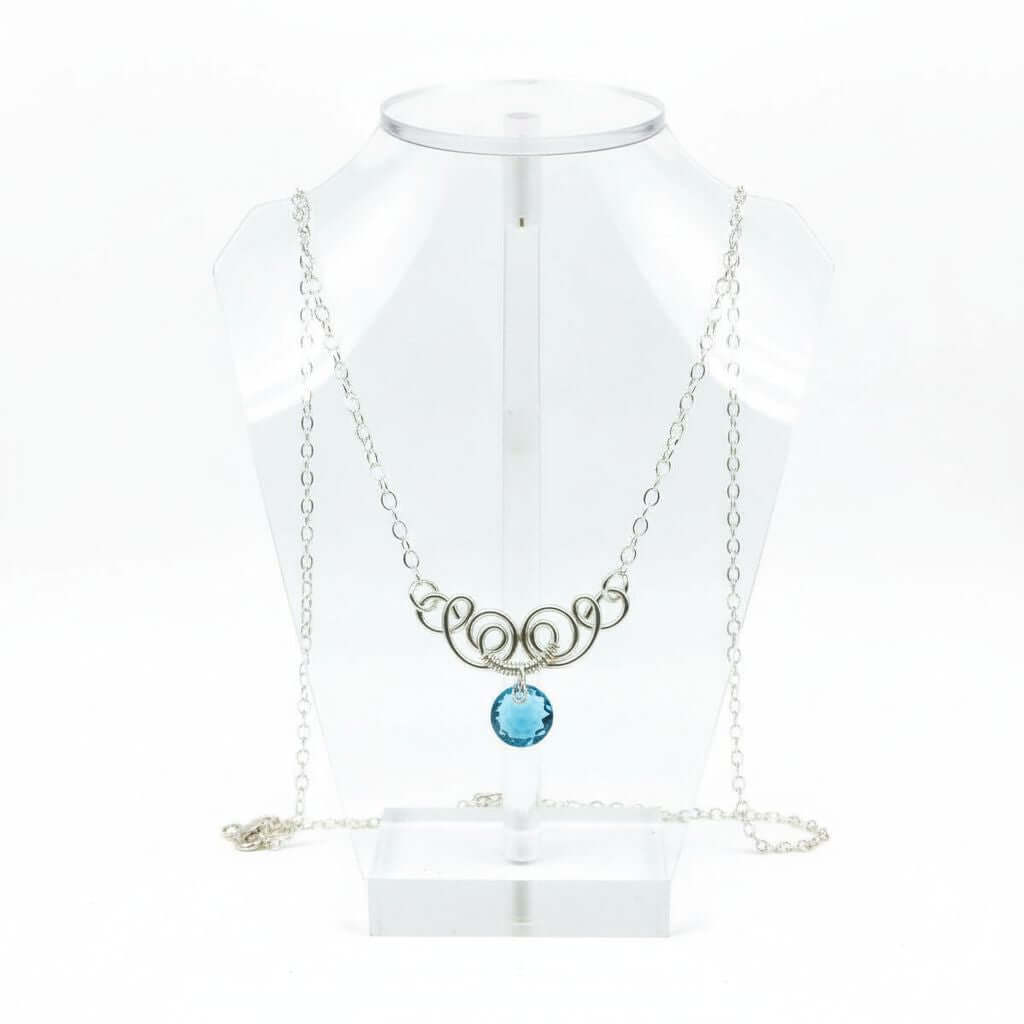 Silver Wire Sculpted Round Aqua Crystal Pendant Necklace