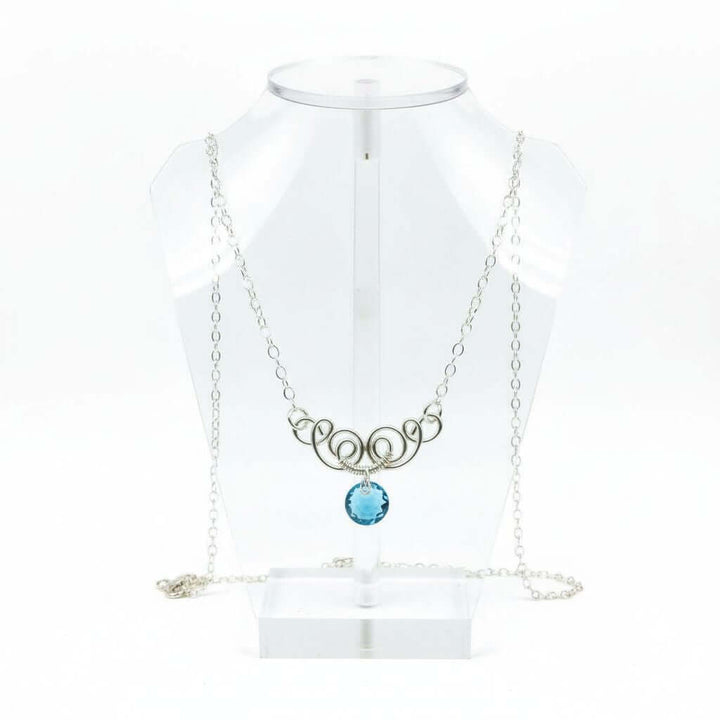 Silver Wire Sculpted Round Aqua Crystal Pendant Necklace