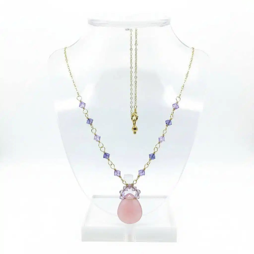 Purple Chalcedony Drop 14 KT Gold Filled Gemstone Necklace featuring lavender chalcedony and Swarovski crystals.