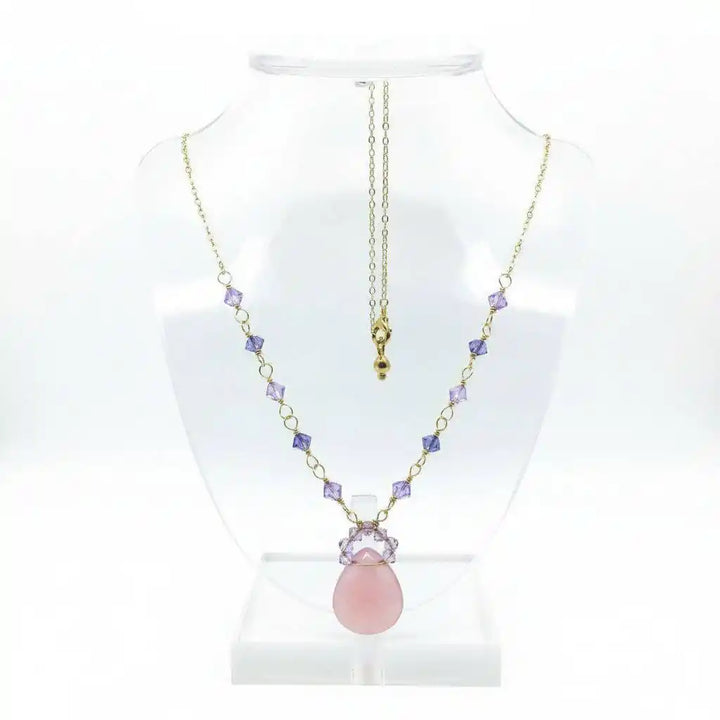 Purple Chalcedony Drop 14 KT Gold Filled Gemstone Necklace featuring lavender chalcedony and Swarovski crystals.