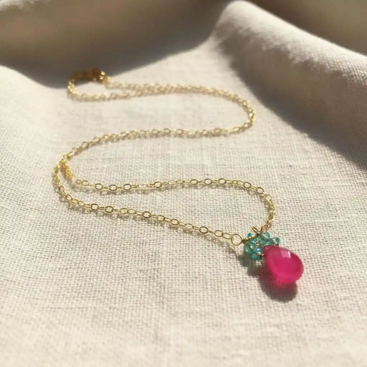Gold Filled Pink and Aqua Gemstone Crystal Chain Necklace featuring a pink chalcedony drop and aqua crystals.