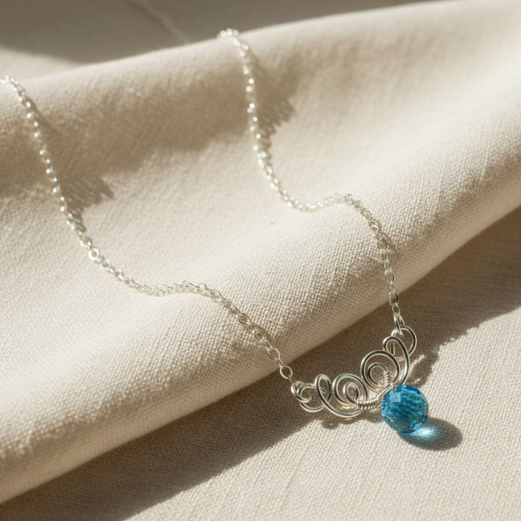 Silver Wire Sculpted Round Aqua Crystal Pendant Necklace