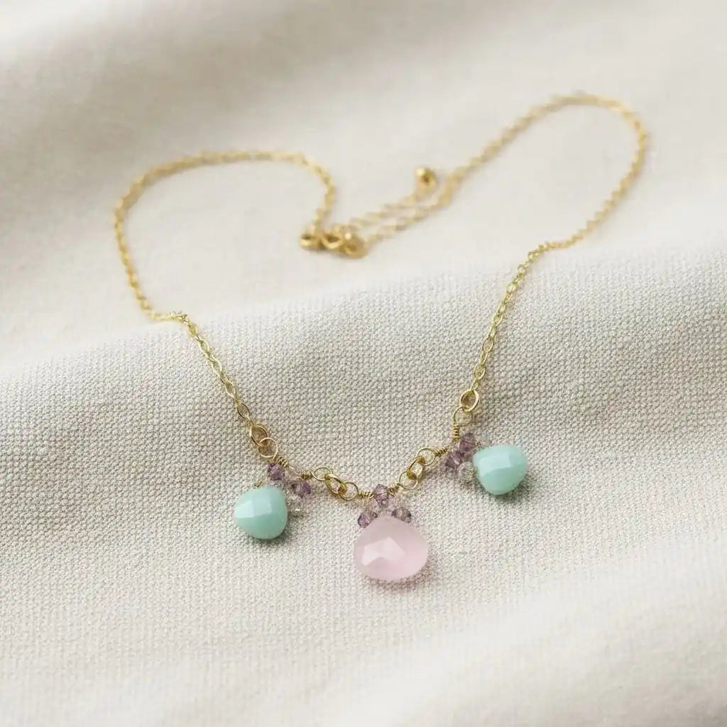 Gold Filled Light Pink and Mint Chalcedony Chain Necklace featuring rose chalcedony and mint green amazonite drops.
