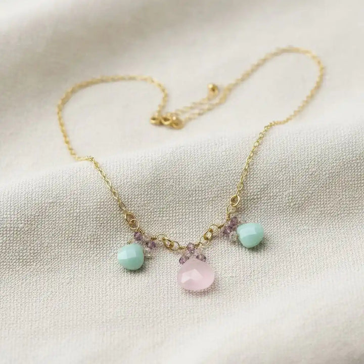 Gold Filled Light Pink and Mint Chalcedony Chain Necklace featuring rose chalcedony and mint green amazonite drops.