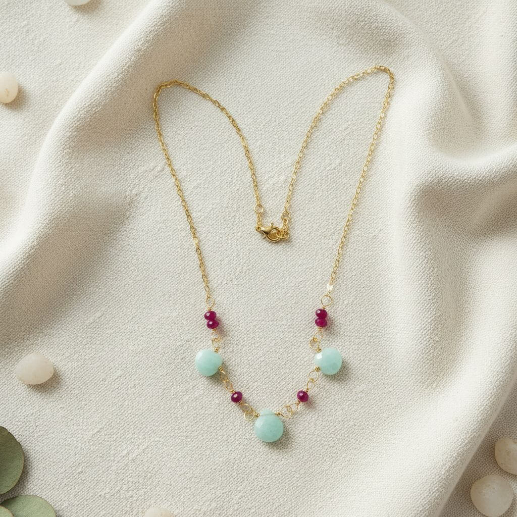 Dainty Gold Chain Mint and Hot Pink Gemstone Necklace