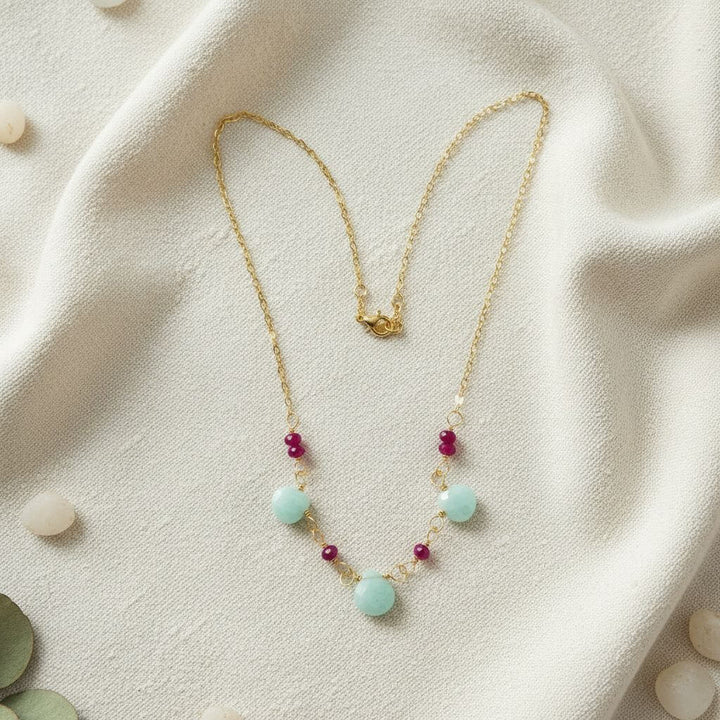 Dainty Gold Chain Mint and Hot Pink Gemstone Necklace