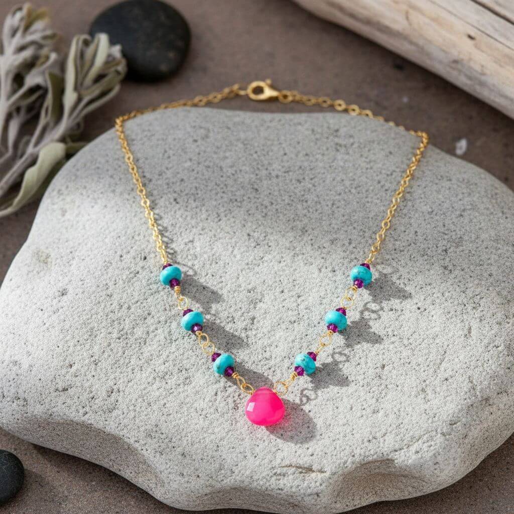 Gold Filled Pink Chalcedony Turquoise Gemstone Drop Necklace