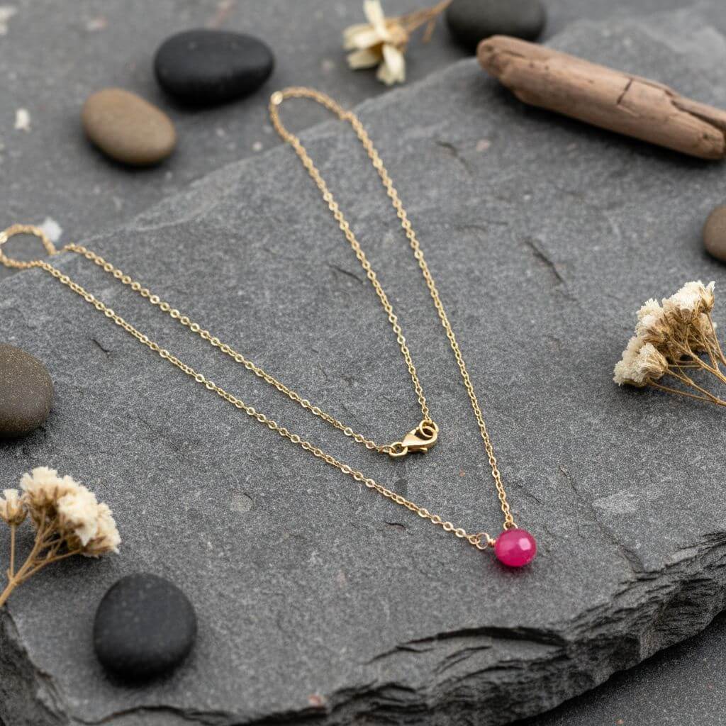 Tiny Hot Pink Chalcedony Gold Filled Necklace
