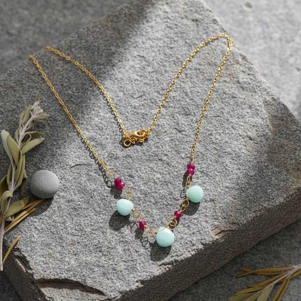 Dainty Gold Chain Mint and Hot Pink Gemstone Necklace