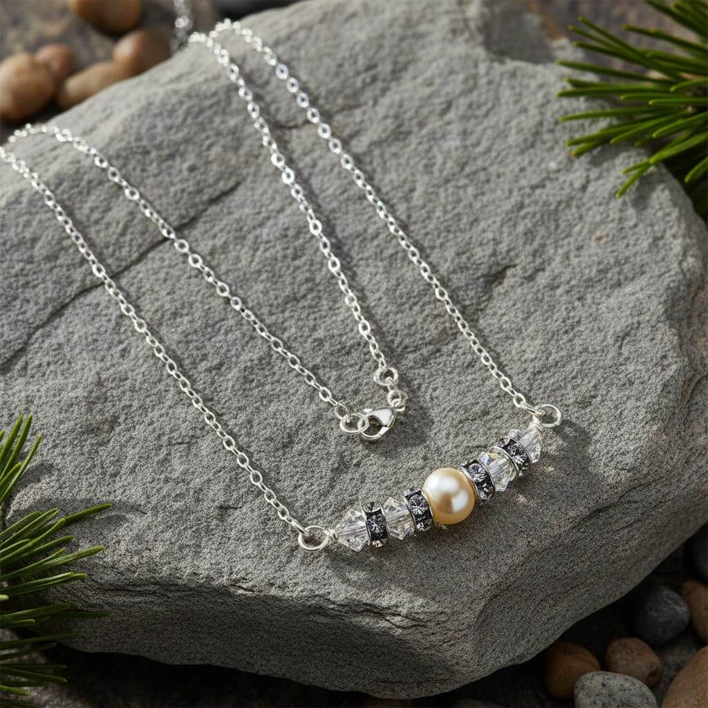 Silver Swarovski Crystal Pearl Bar Bridal Necklace