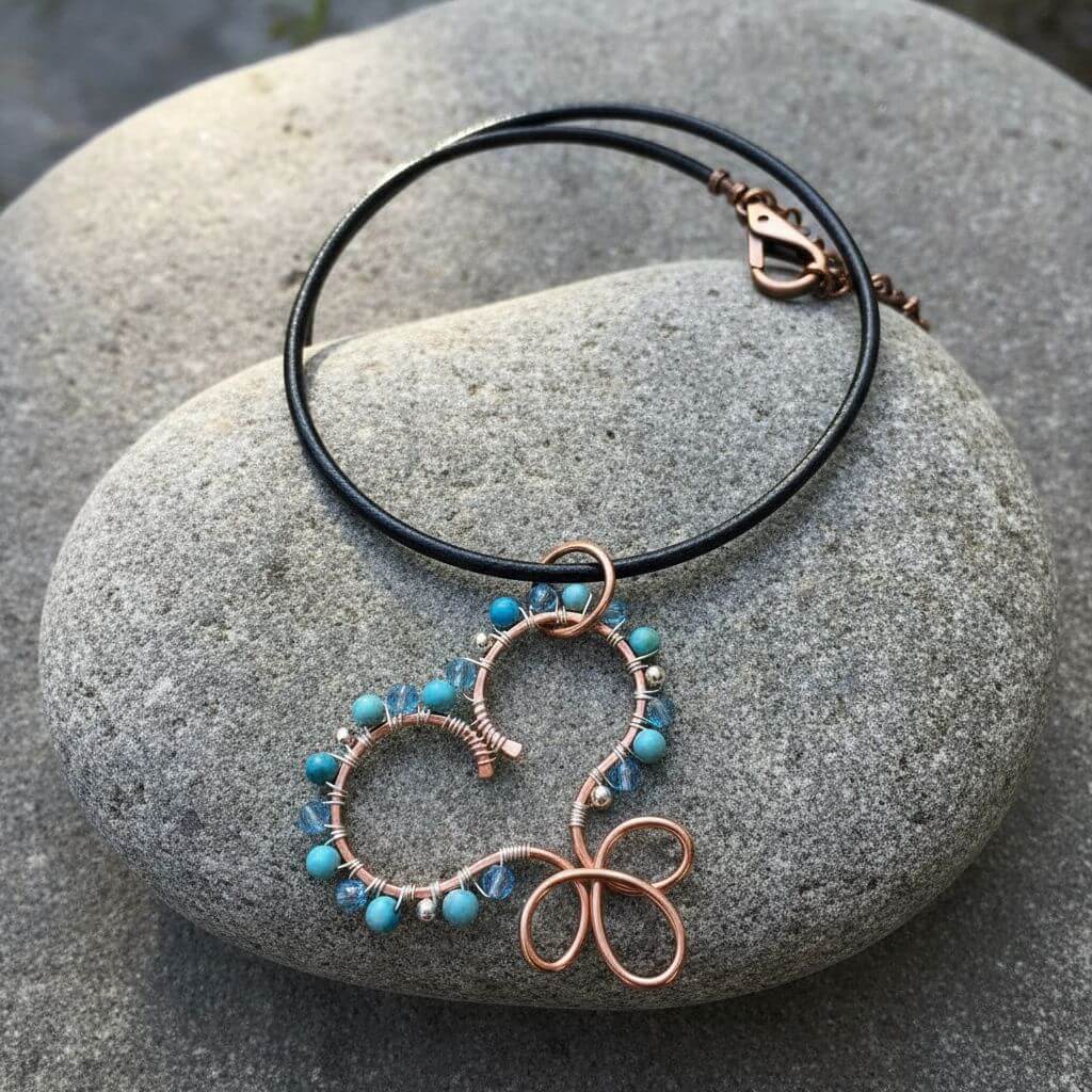 Wire Sculpted Copper Wire Wrapped Turquoise Heart Infinity Charm Necklace