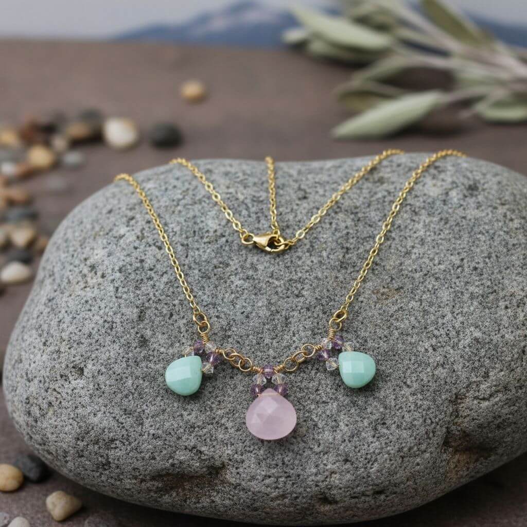 Beautiful Light Pink and Mint Chalcedony 14 Kt Gold Filled Necklace