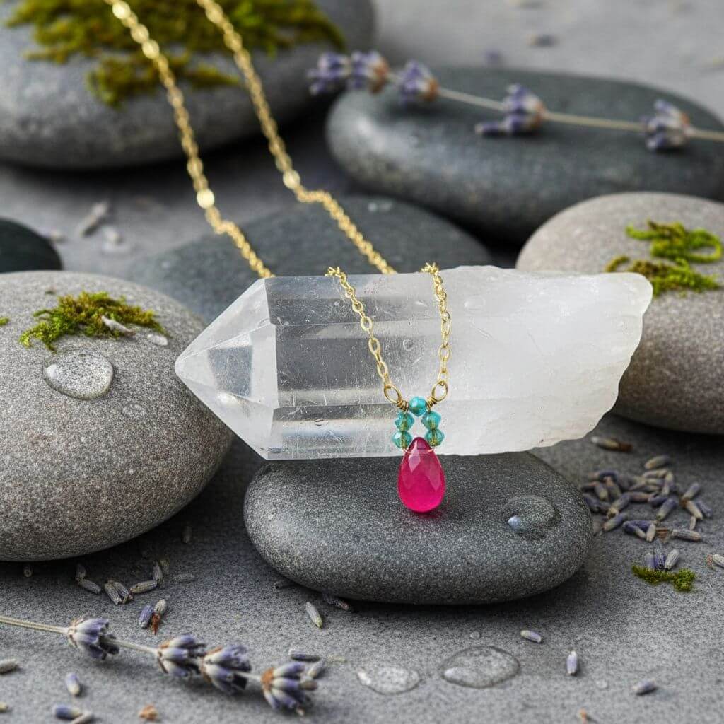 Pink Gemstone Drop and Turquoise Crystal 14 K Gold Filled Necklace