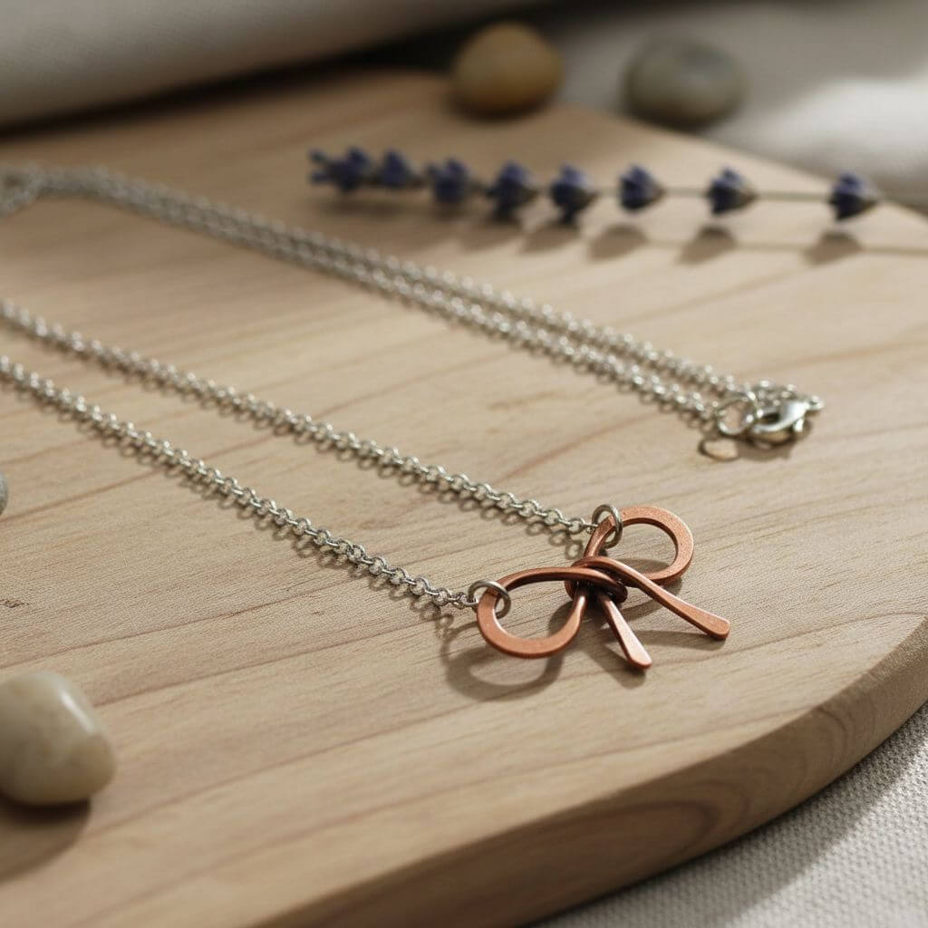 Wire Wrapped Copper Bow Tie  Silver Chain Necklace