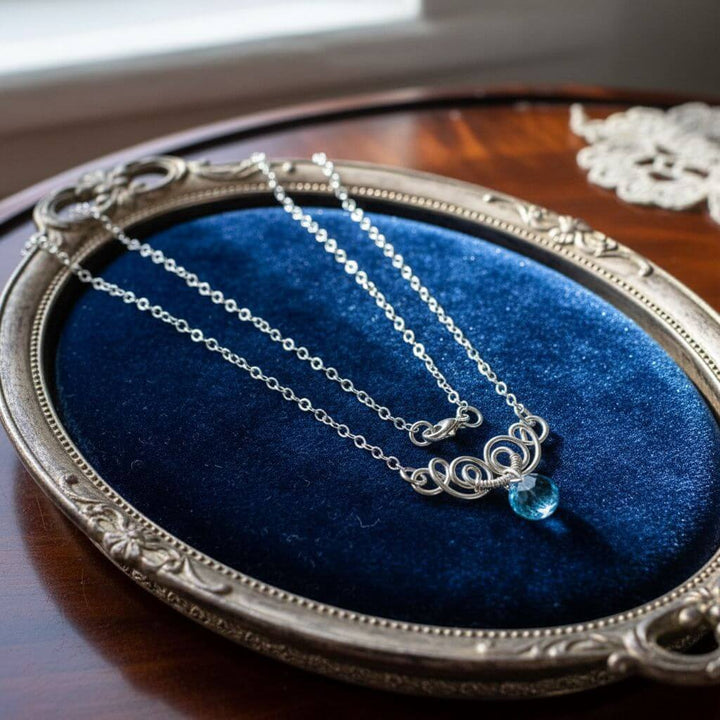 Silver Wire Sculpted Round Aqua Crystal Pendant Necklace