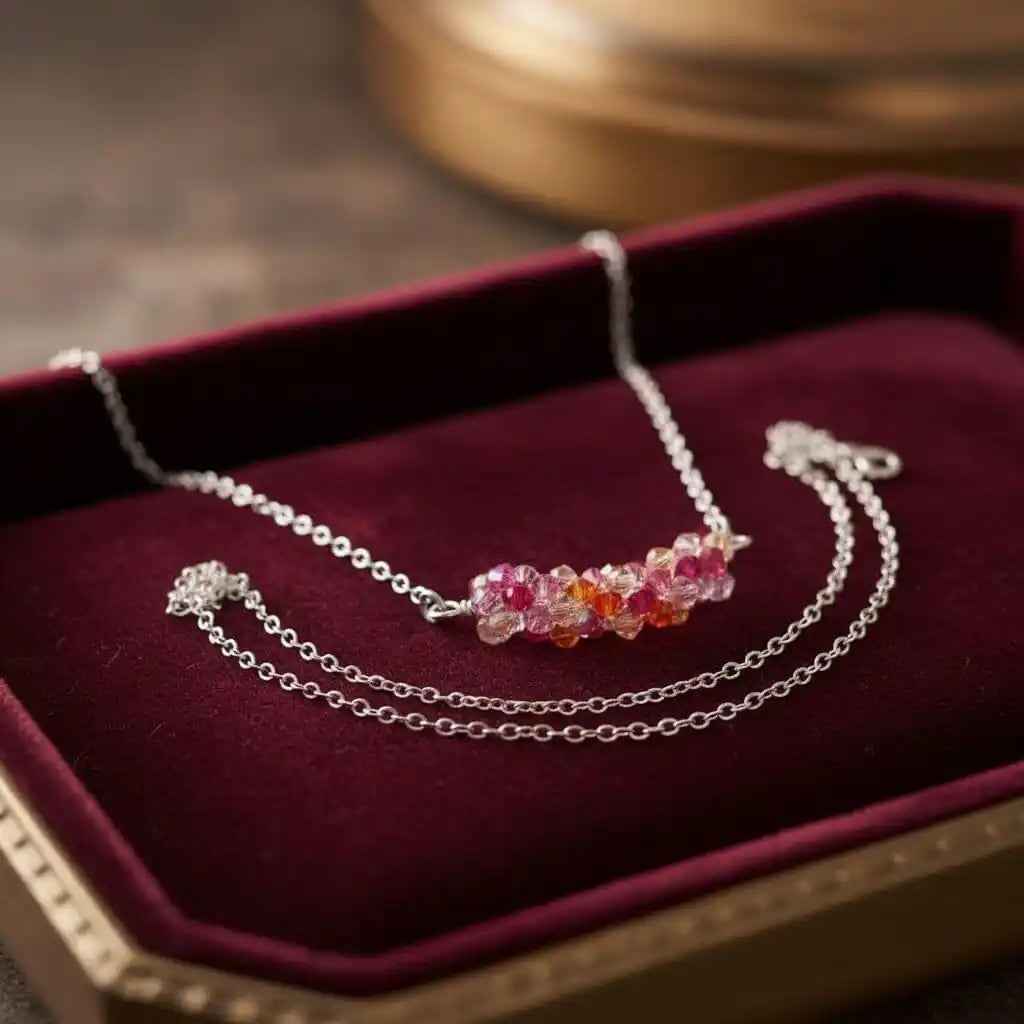 Silver Multi Color Spring Blossom Crystal Necklace on a burgundy velvet surface