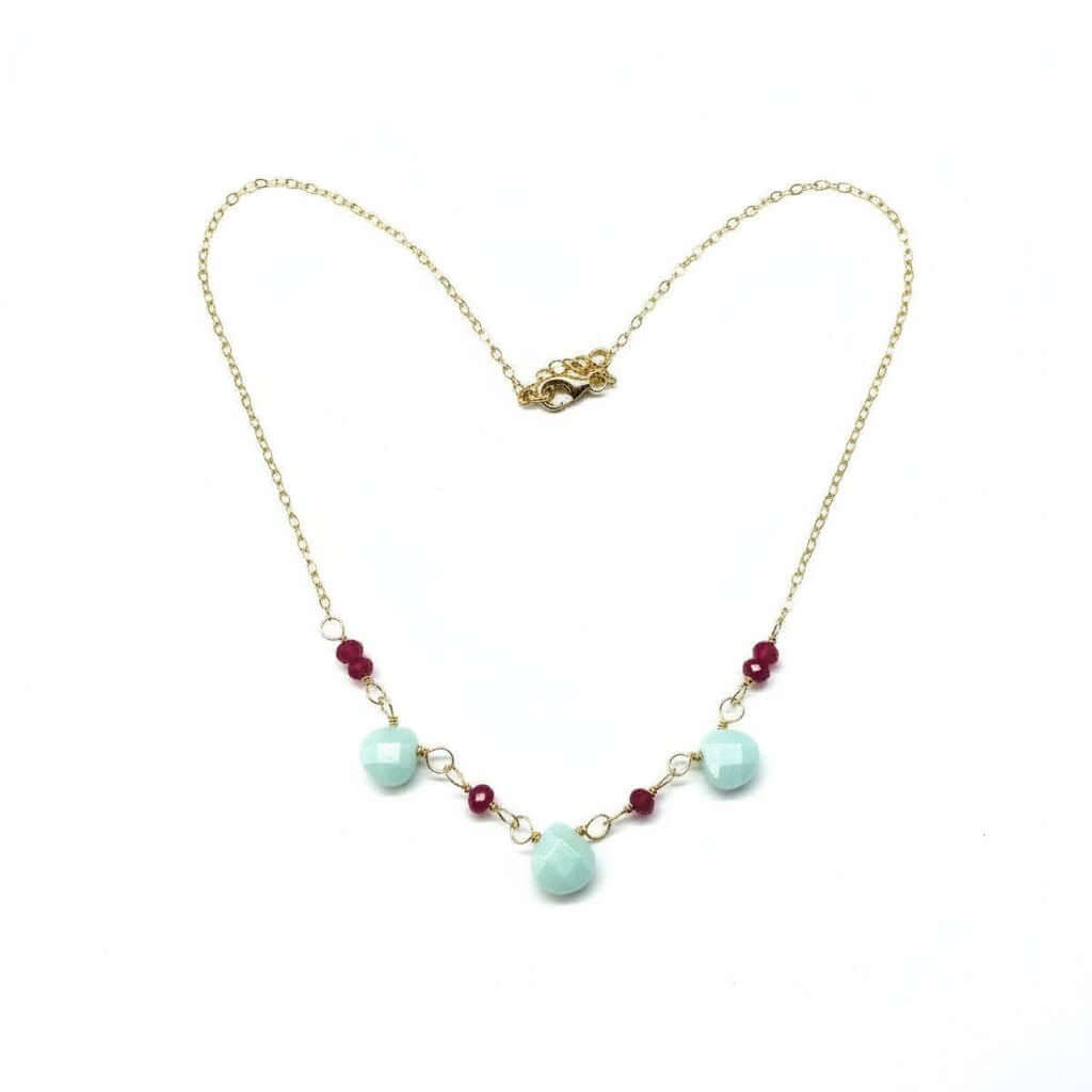 Dainty Gold Chain Mint and Hot Pink Gemstone Necklace