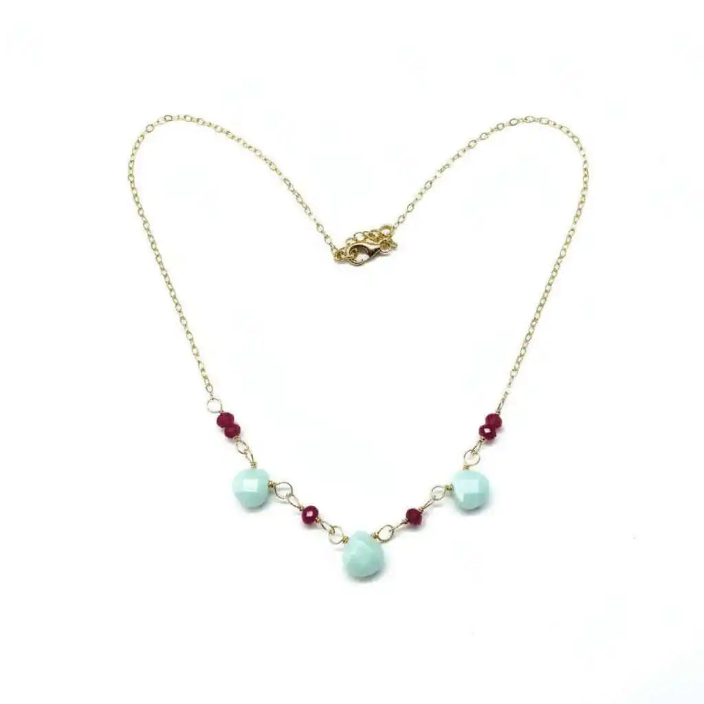 Dainty Gold Chain Mint and Hot Pink Gemstone Necklace with mint and hot pink gemstones, handmade artisan jewelry.