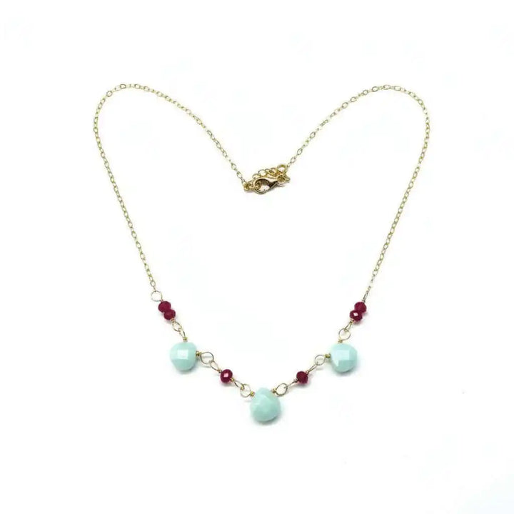 Dainty Gold Chain Mint and Hot Pink Gemstone Necklace with mint and hot pink gemstones, handmade artisan jewelry.