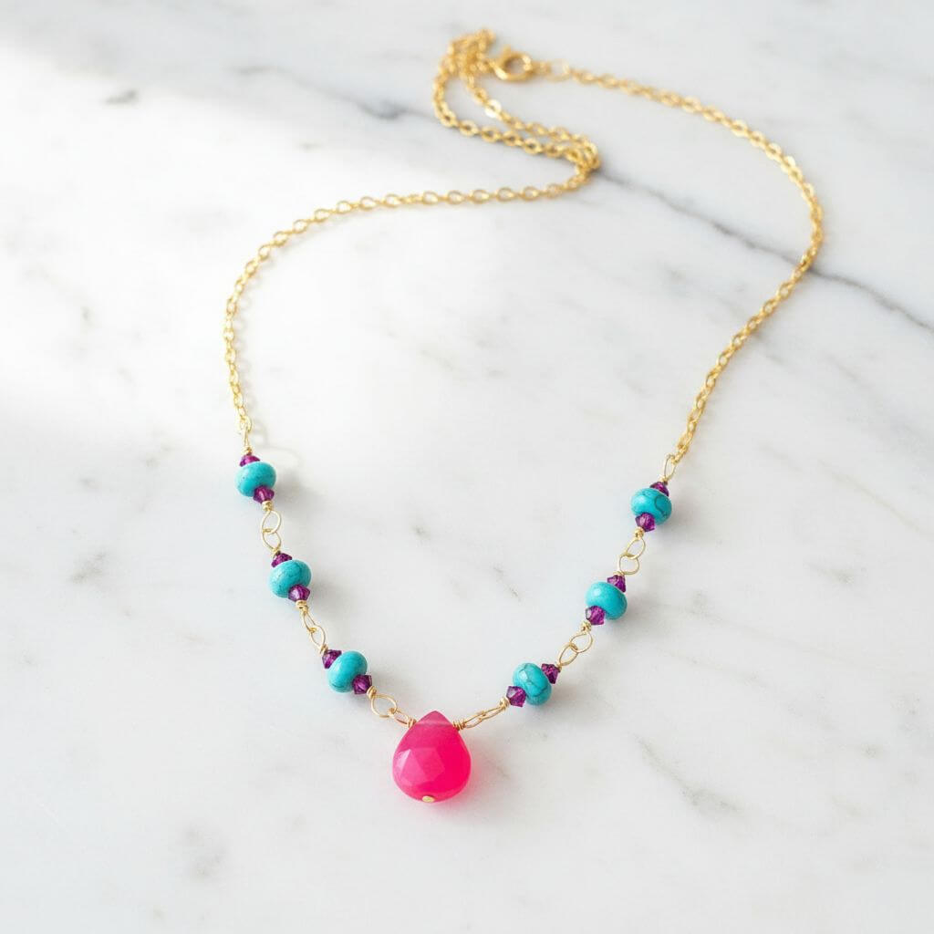 Gold Filled Pink Chalcedony Turquoise Gemstone Drop Necklace