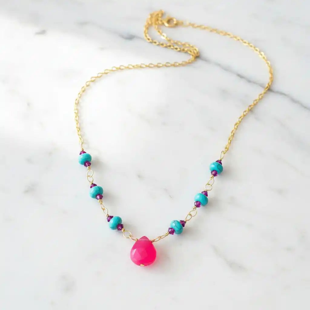 Gold Filled Pink Chalcedony Turquoise Gemstone Drop Necklace featuring vibrant pink chalcedony and turquoise gemstones.