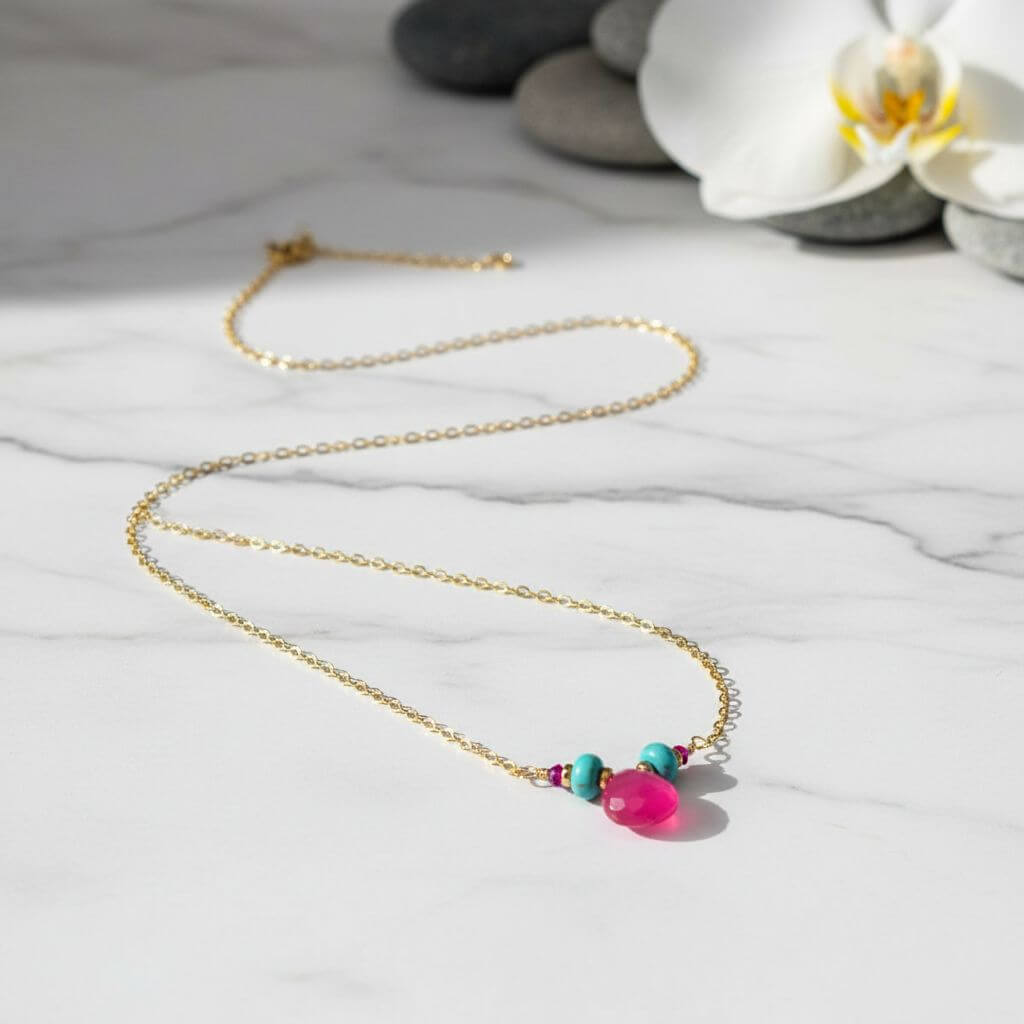 Gold Filled Turquoise and Pink Gemstone Drop Necklace