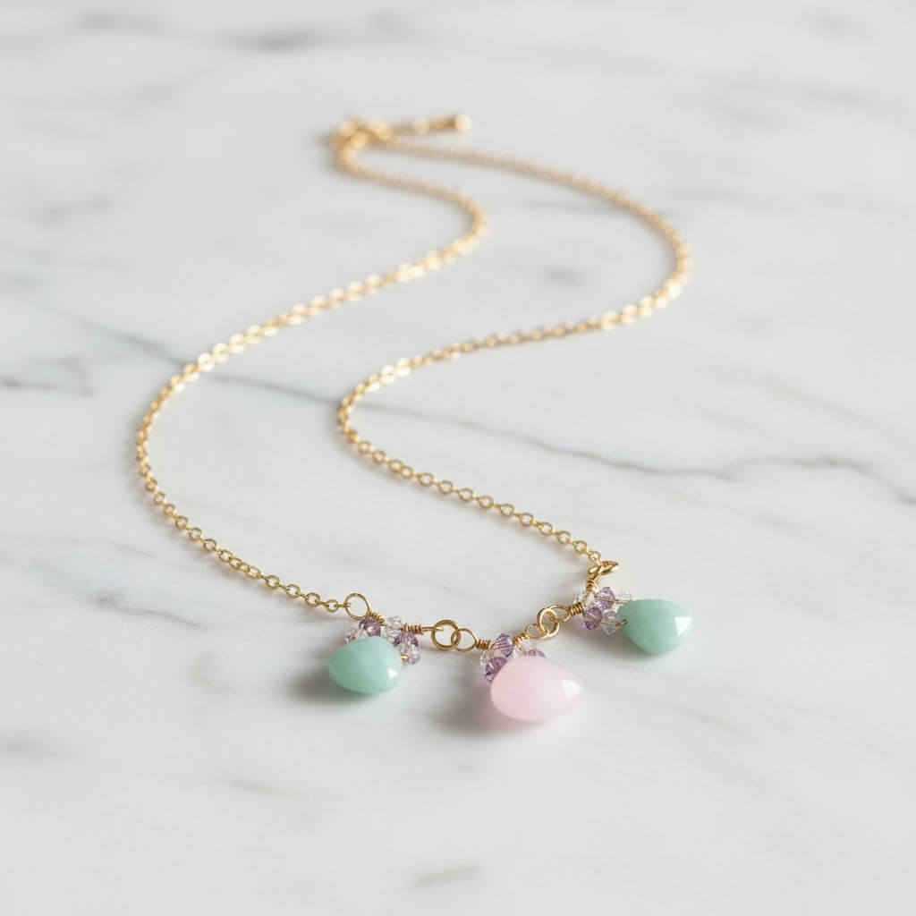 Beautiful Light Pink and Mint Chalcedony 14 Kt Gold Filled Necklace