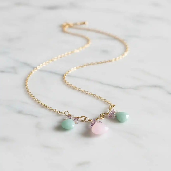 Gold Filled Light Pink and Mint Chalcedony Chain Necklace with rose chalcedony and mint green amazonite drops.