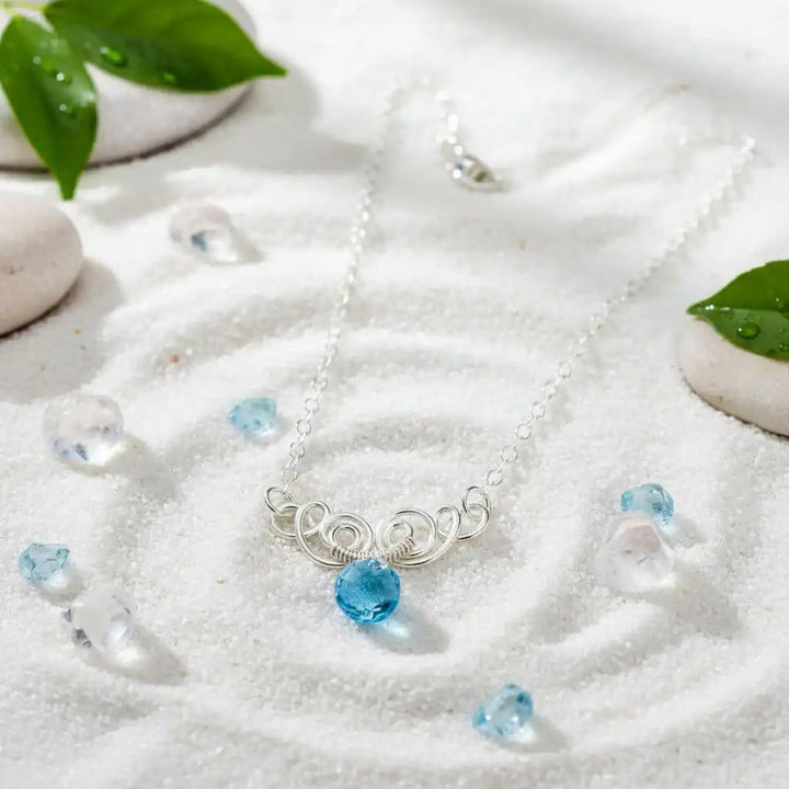 Silver Wire Sculpted Round Aqua Crystal Pendant Necklace