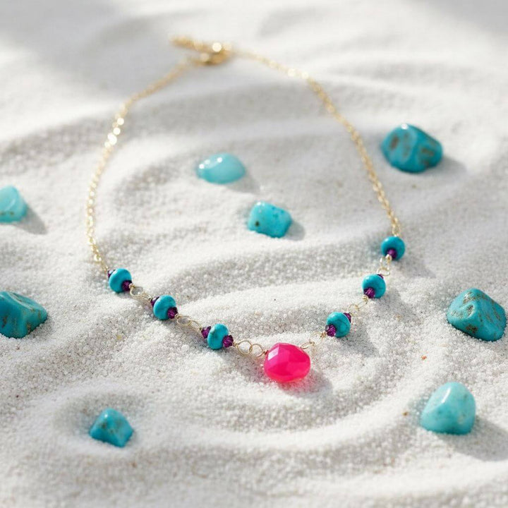 Gold Filled Pink Chalcedony Turquoise Gemstone Drop Necklace