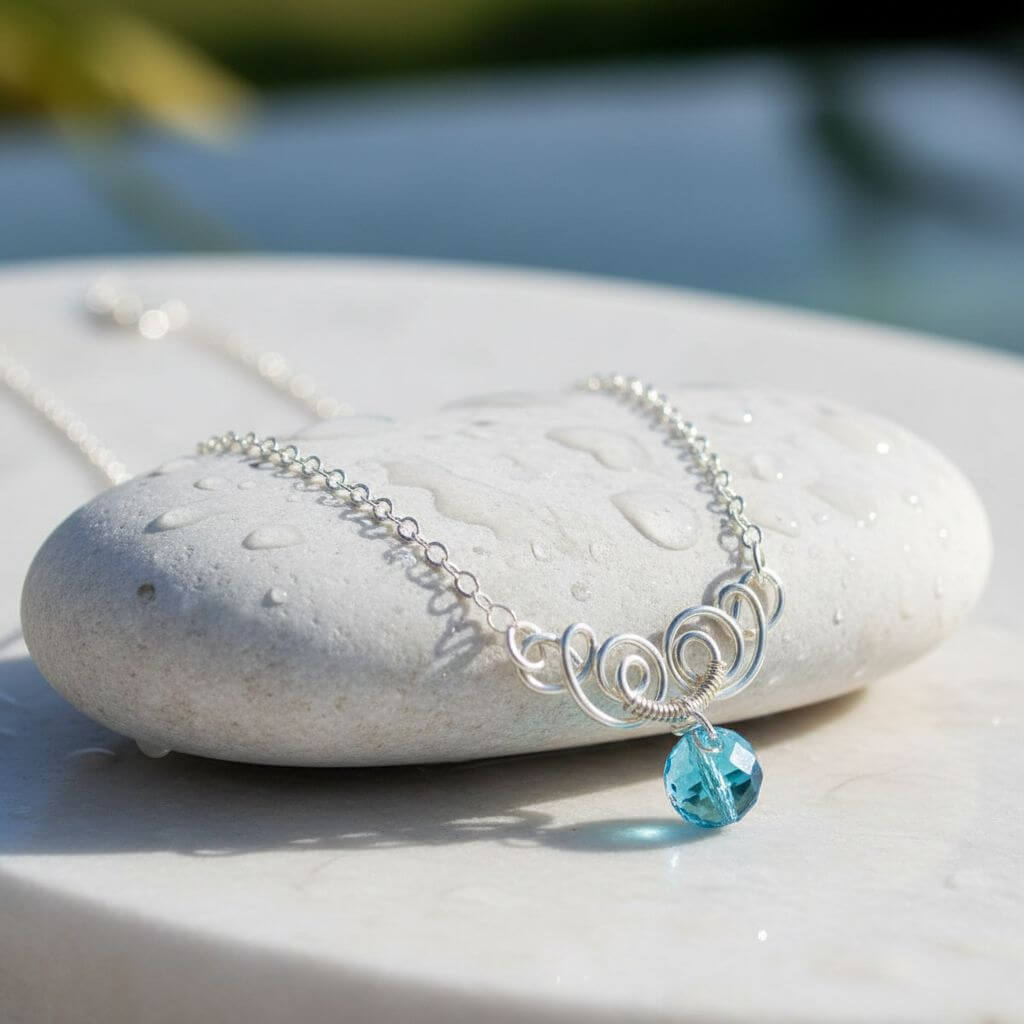 Silver Wire Sculpted Round Aqua Crystal Pendant Necklace