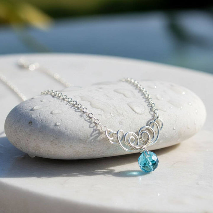 Silver Wire Sculpted Round Aqua Crystal Pendant Necklace