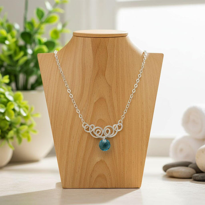 Silver Wire Sculpted Round Aqua Crystal Pendant Necklace