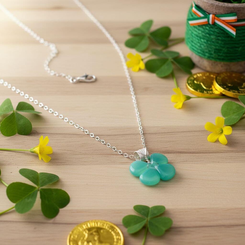 Mint green beaded clover necklace displayed on wood with clovers and gold coins.