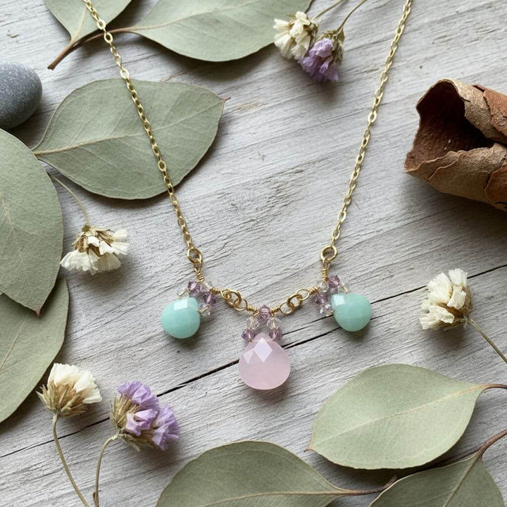 Beautiful Light Pink and Mint Chalcedony 14 Kt Gold Filled Necklace