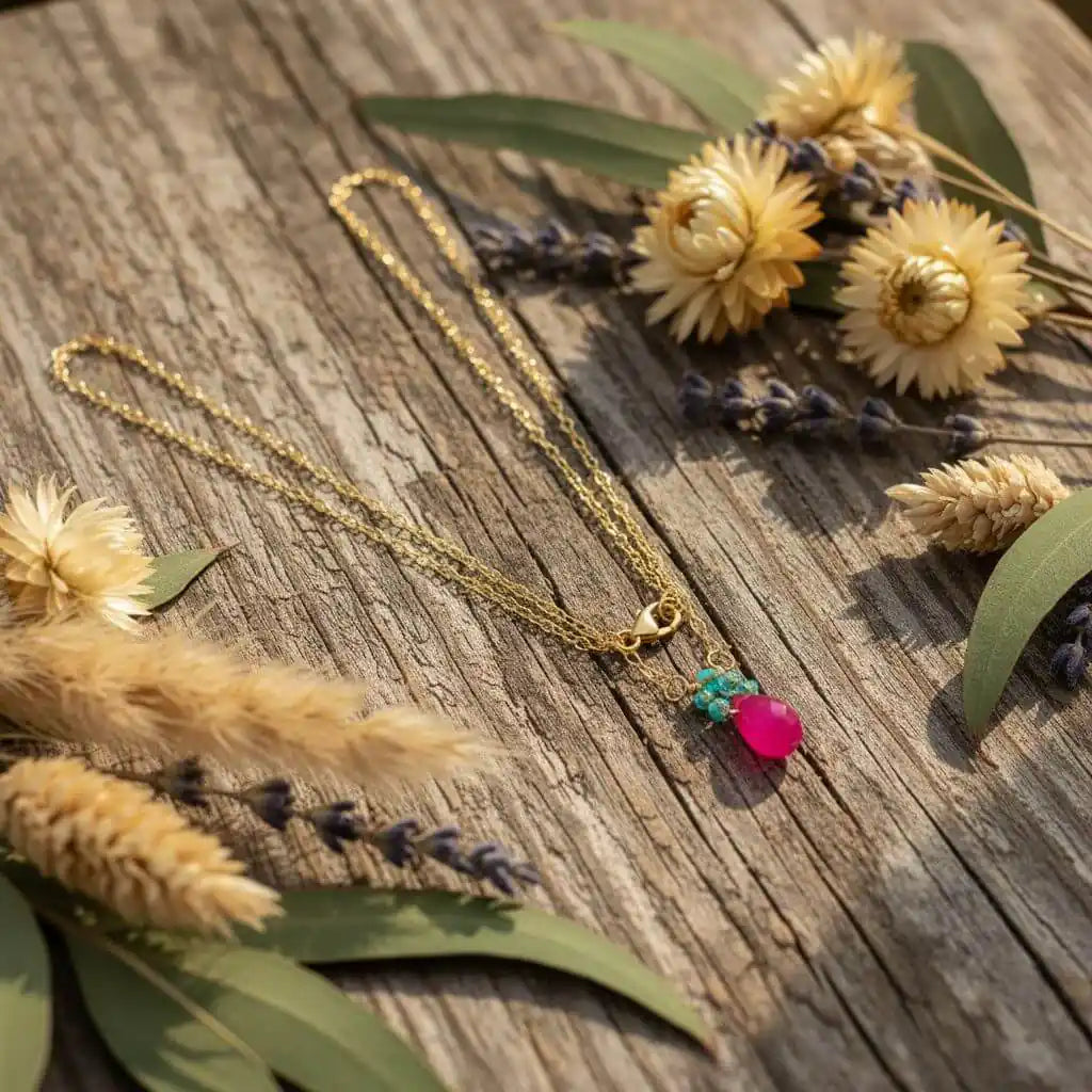 Gold Filled Pink and Aqua Gemstone Crystal Chain Necklace with vibrant pink chalcedony and aqua gemstones on a rustic background.