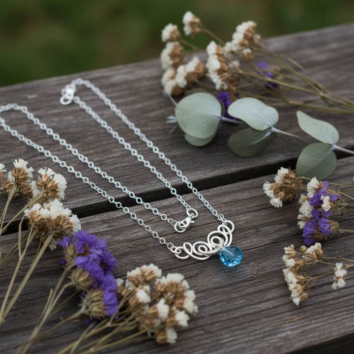Silver Wire Sculpted Round Aqua Crystal Pendant Necklace