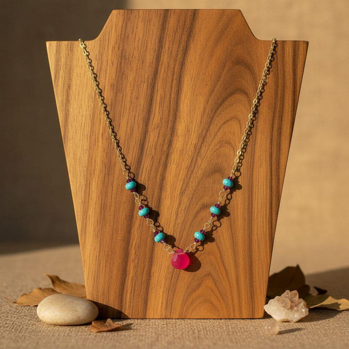 Gold Filled Pink Chalcedony Turquoise Gemstone Drop Necklace