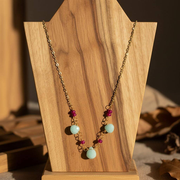 Dainty Gold Chain Mint and Hot Pink Gemstone Necklace
