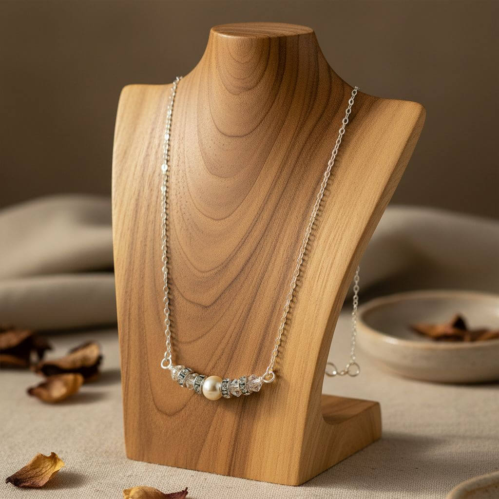 Silver Swarovski Crystal Pearl Bar Bridal Necklace